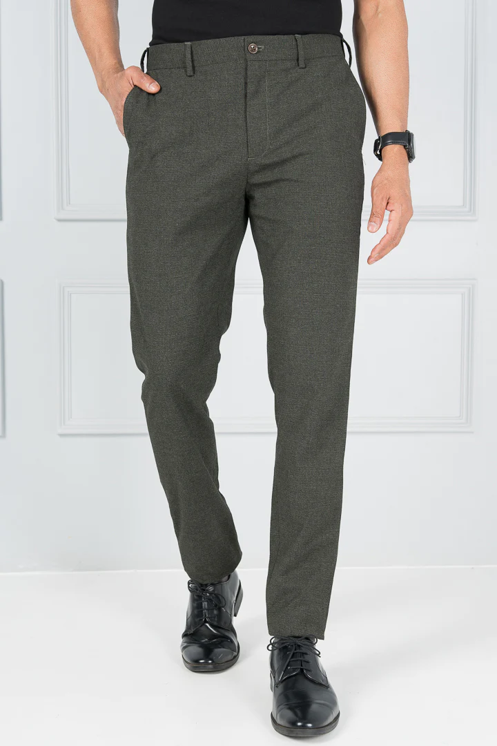 Buy Olive Green Textured Formal Trousers in India